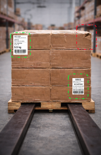 Forklift camera view — pallet with detected labels and flagged damage