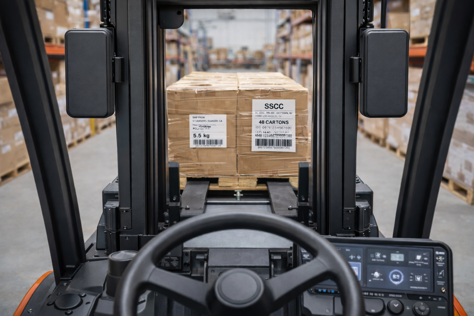 Driver view — pallet being lifted under PalletProof cameras