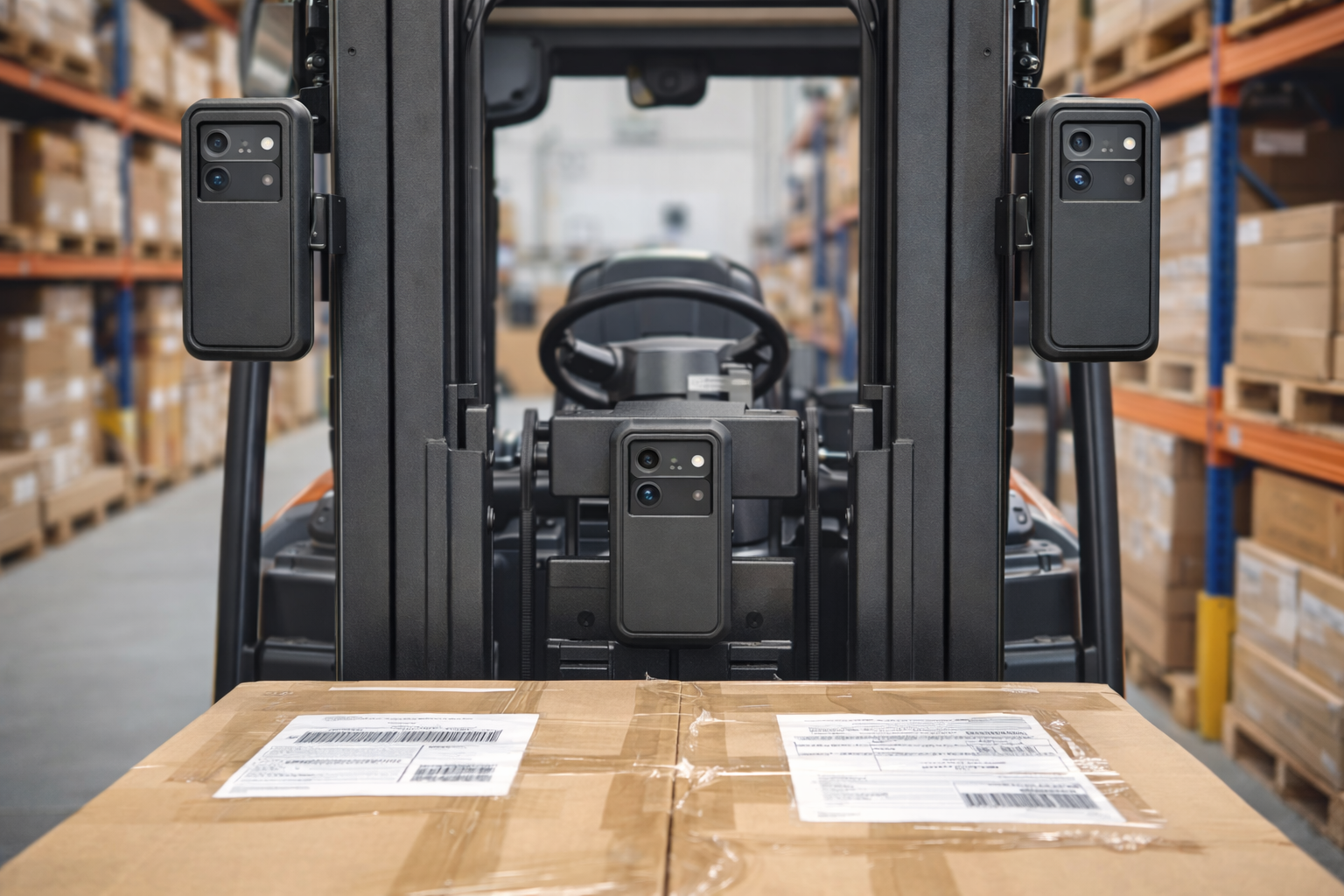 PalletProof cameras mounted to a forklift mast